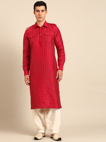 Red Bemberg Silk Kurta Set - MMK0652