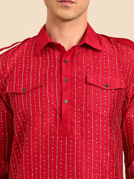 Red Bemberg Silk Kurta Set - MMK0652