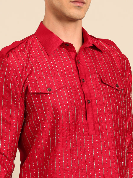 Red Bemberg Silk Kurta Set - MMK0652