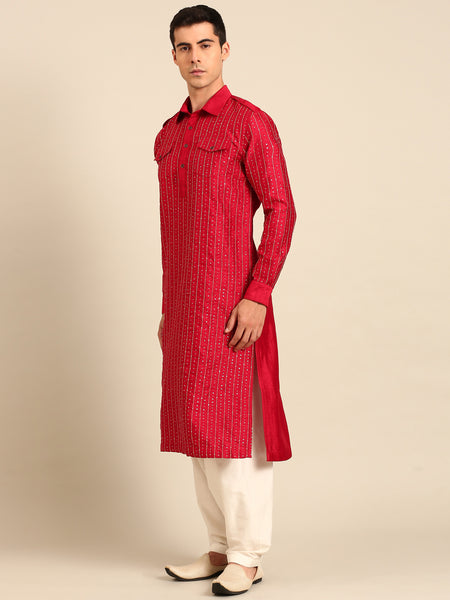 Red Bemberg Silk Kurta Set - MMK0652