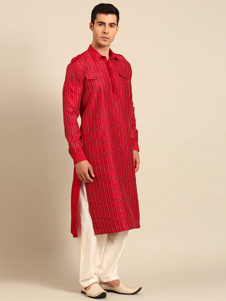 Red Bemberg Silk Kurta Set - MMK0652