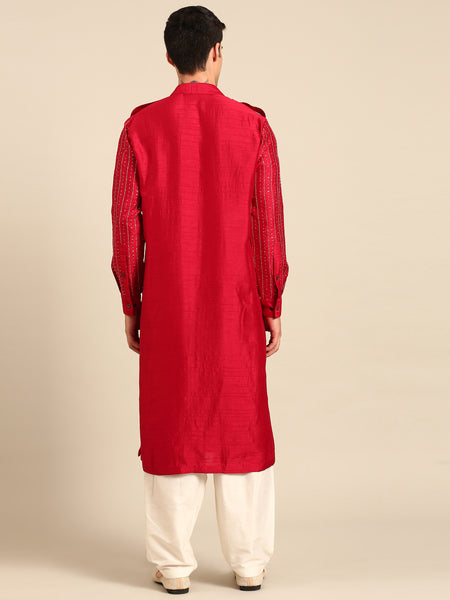 Red Bemberg Silk Kurta Set - MMK0652