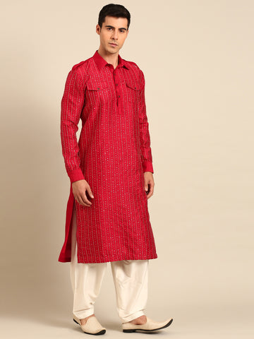Red Bemberg Silk Kurta Set - MMK0652
