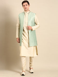 Pista Green Banarasi Silk Jacquard Long  Open Jacket - MMLOJ009