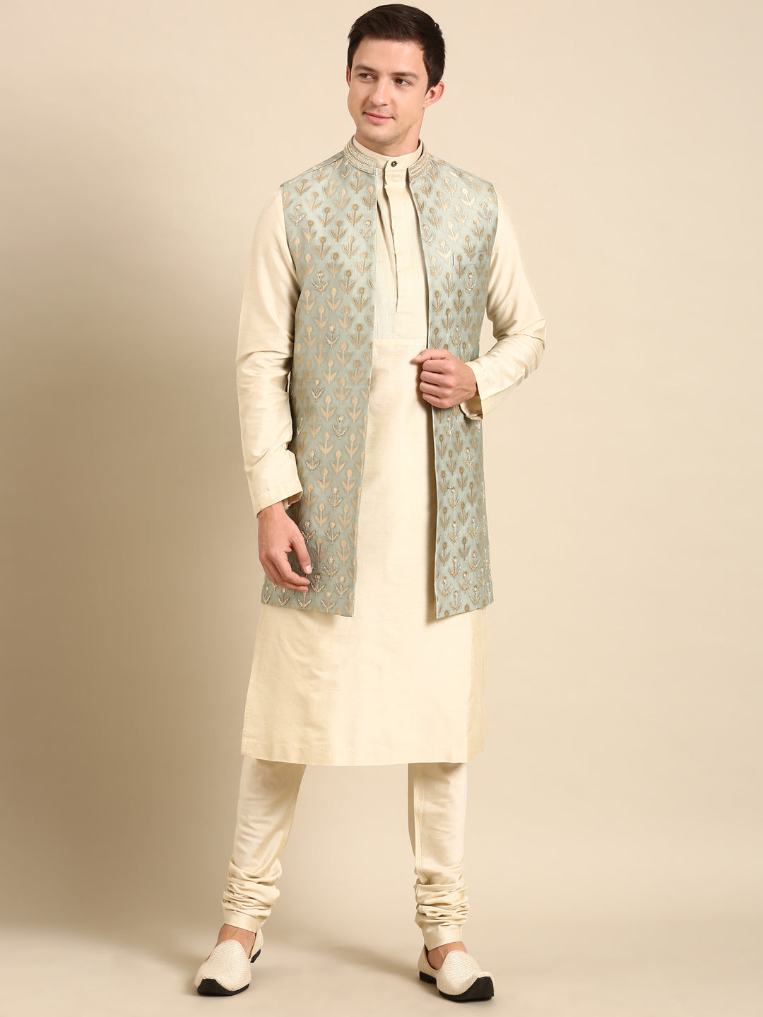 Pista Green Banarasi Silk Jacquard Long Open  Jacket - MMLOJ011