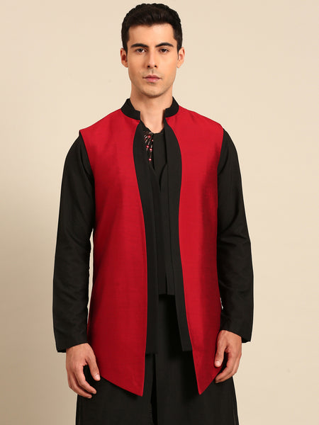 Red & Black Cotton Silk Long Open Jacket - MMLOJ012