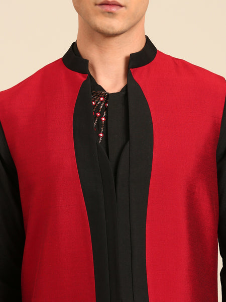 Red & Black Cotton Silk Long Open Jacket - MMLOJ012