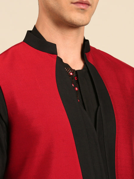 Red & Black Cotton Silk Long Open Jacket - MMLOJ012