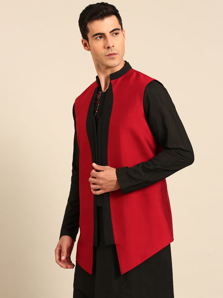 Red & Black Cotton Silk Long Open Jacket - MMLOJ012
