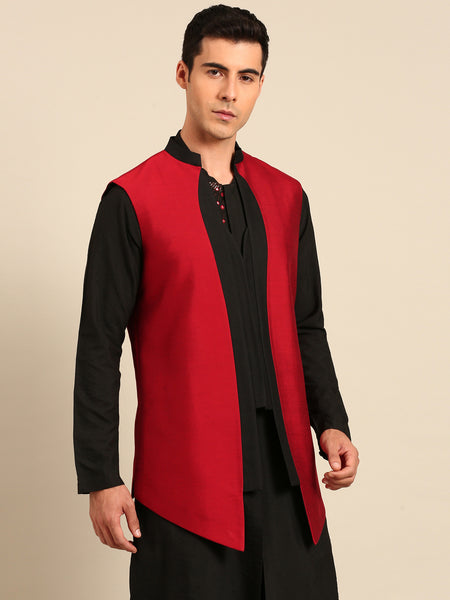 Red & Black Cotton Silk Long Open Jacket - MMLOJ012