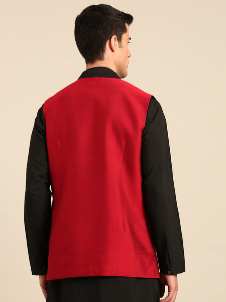 Red & Black Cotton Silk Long Open Jacket - MMLOJ012