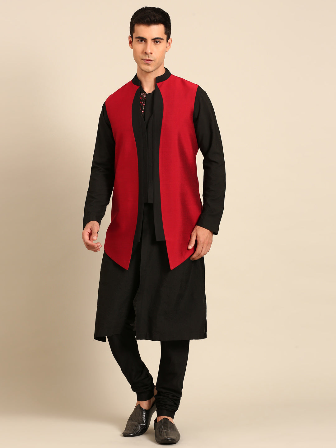 Red & Black Cotton Silk Long Open Jacket - MMLOJ012