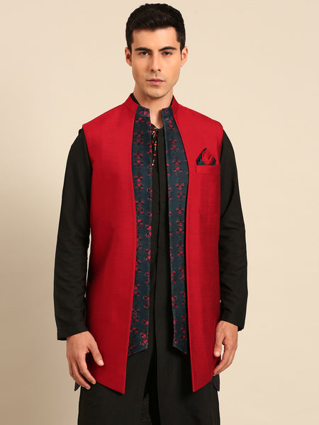 Red Blue Prt Silk Chanderi Long Open Jacket - MMLOJ013