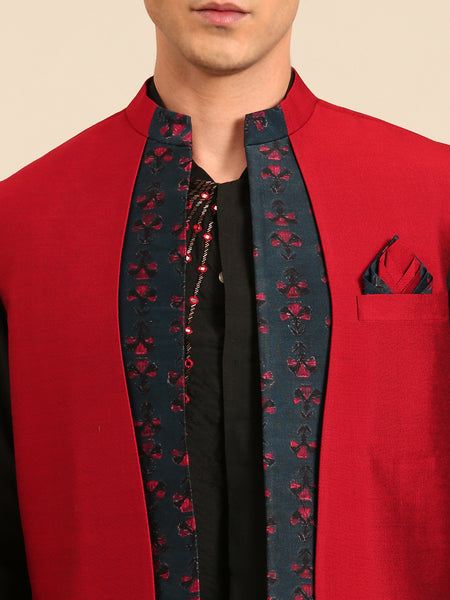Red Blue Prt Silk Chanderi Long Open Jacket - MMLOJ013