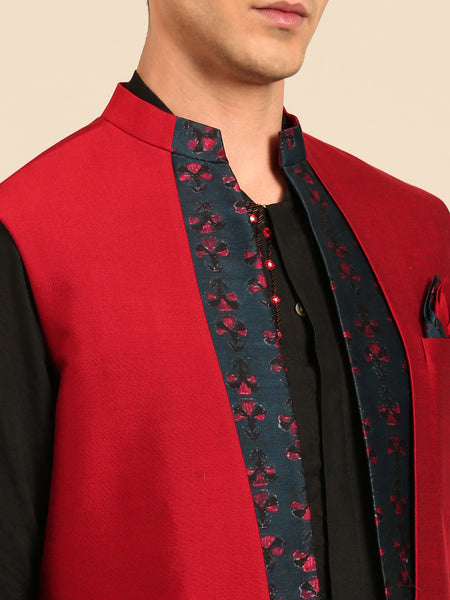 Red Blue Prt Silk Chanderi Long Open Jacket - MMLOJ013