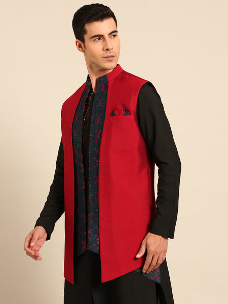 Red Blue Prt Silk Chanderi Long Open Jacket - MMLOJ013