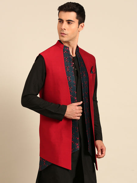 Red Blue Prt Silk Chanderi Long Open Jacket - MMLOJ013