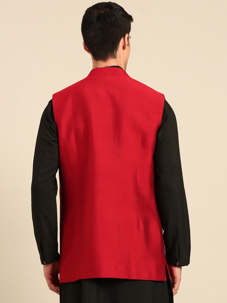 Red Blue Prt Silk Chanderi Long Open Jacket - MMLOJ013