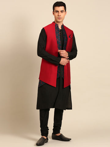 Red Blue Prt Silk Chanderi Long Open Jacket - MMLOJ013