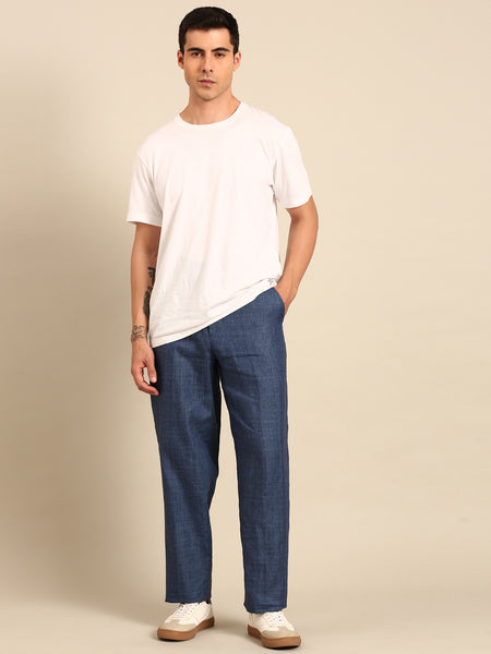 Denim Blue 100% Linen Trousers  - MMP0145