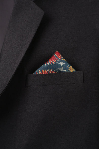 Printed Red Teal Muslin Pocket Square - MMPS012