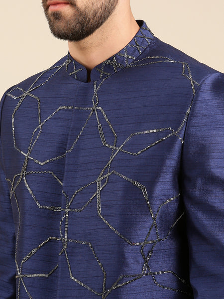 Blue Silk Jacquard Embroidery Sherwani - MMSHR045