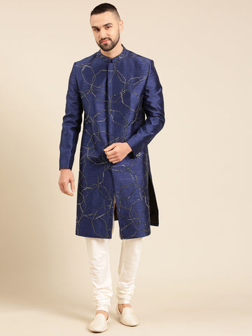 Blue Silk Jacquard Designer Sherwani for Men - MMSHR045
