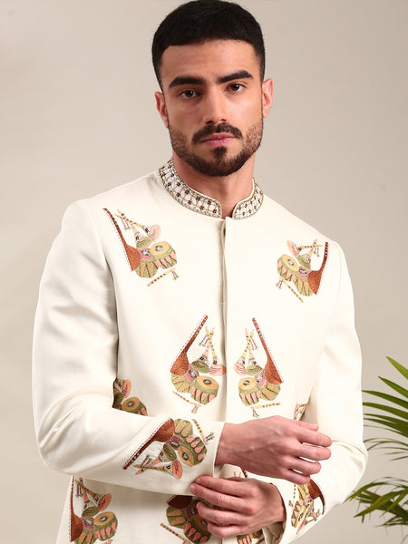 Ivory Slub Silk Embroidered Sherwani Set - MMSHR048