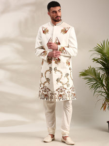 Ivory Slub Silk Embroidered Sherwani Set - MMSHR048