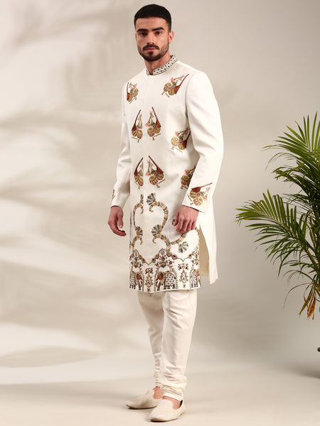 Ivory Slub Silk Embroidered Sherwani Set - MMSHR048