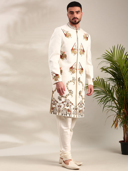 Ivory Slub Silk Embroidered Sherwani Set - MMSHR048