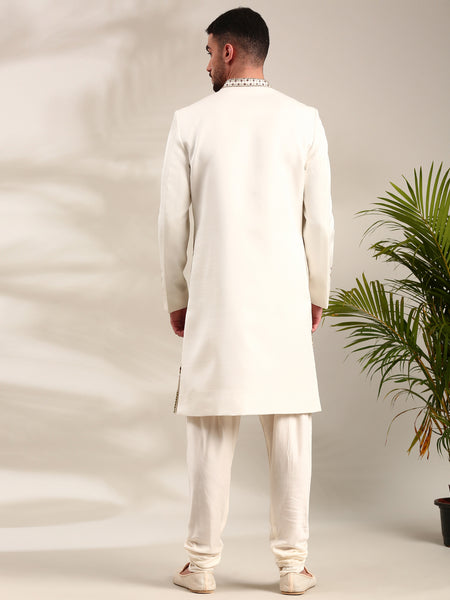 Ivory Slub Silk Embroidered Sherwani Set - MMSHR048