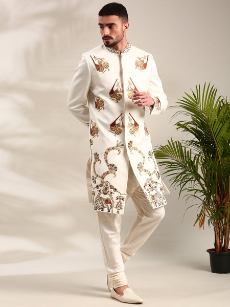 Ivory Slub Silk Embroidered Sherwani Set - MMSHR048