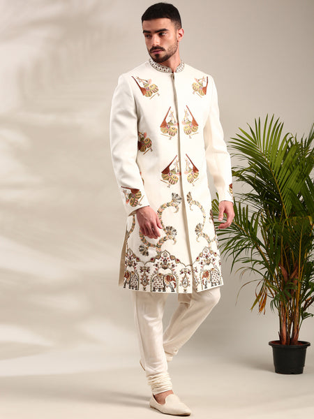 Ivory Slub Silk Embroidered Sherwani Set - MMSHR048