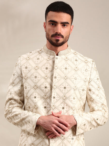 Ivory Chanderi  Embroidered Sherwani Set - MMSHR049