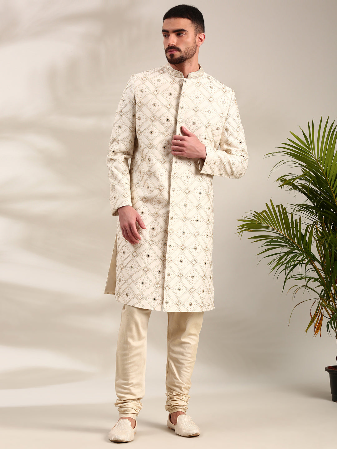 Ivory Chanderi  Embroidered Sherwani Set - MMSHR049