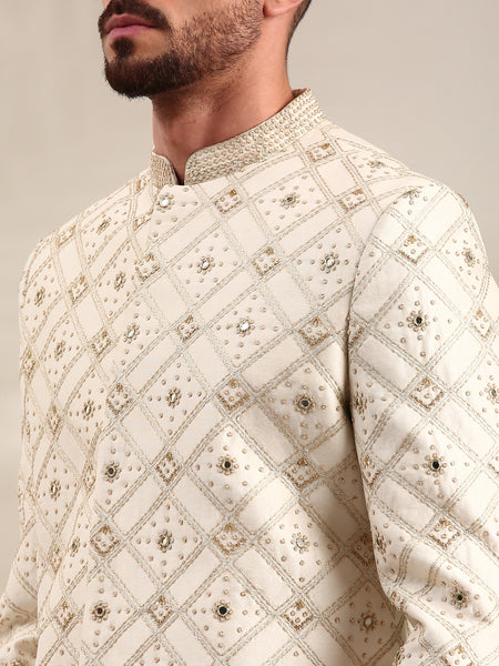 Ivory Chanderi  Embroidered Sherwani Set - MMSHR049