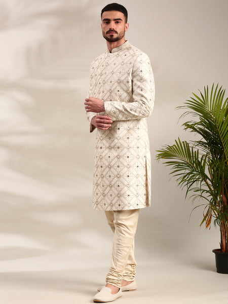 Ivory Chanderi  Embroidered Sherwani Set - MMSHR049