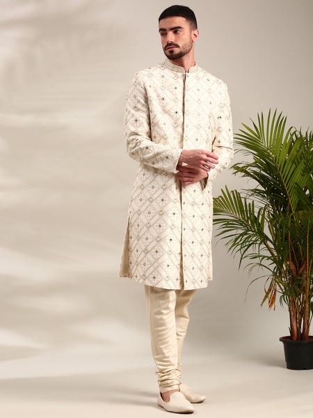 Ivory Chanderi  Embroidered Sherwani Set - MMSHR049