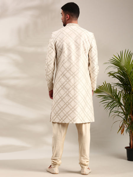 Ivory Chanderi  Embroidered Sherwani Set - MMSHR049