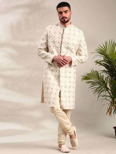 Ivory Chanderi  Embroidered Sherwani Set - MMSHR049