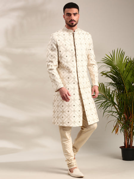 Ivory Chanderi  Embroidered Sherwani Set - MMSHR049