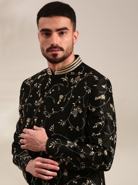 Black Chanderi  Embroidered Sherwani Set - MMSHR050