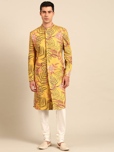 Yellow Printed 100% Cotton Sherwani - MMSHR052