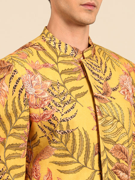 Yellow Printed 100% Cotton Sherwani - MMSHR052