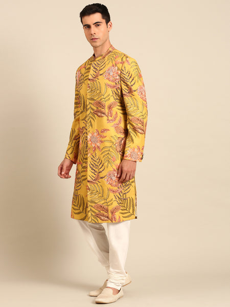 Yellow Printed 100% Cotton Sherwani - MMSHR052