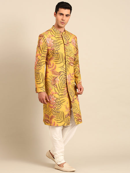 Yellow Printed 100% Cotton Sherwani - MMSHR052