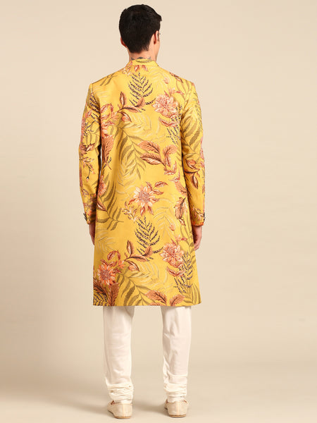 Yellow Printed 100% Cotton Sherwani - MMSHR052