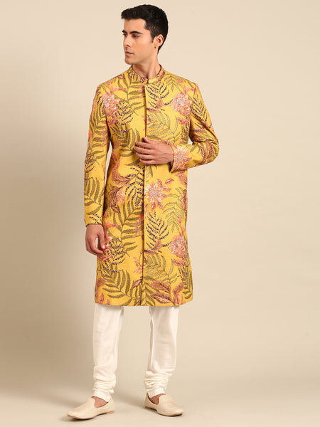 Yellow Printed 100% Cotton Sherwani - MMSHR052
