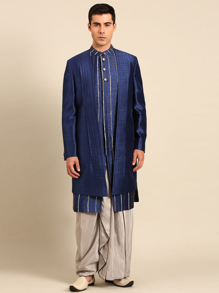 Blue Silver Bemberg Silk Sherwani - MMSHR054